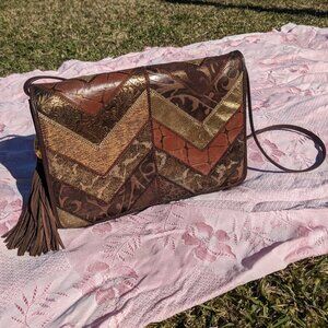 Vtg Carla Marchi Patchwork Leather Purse Italy Shoulder Bag Brown Metallic Boho